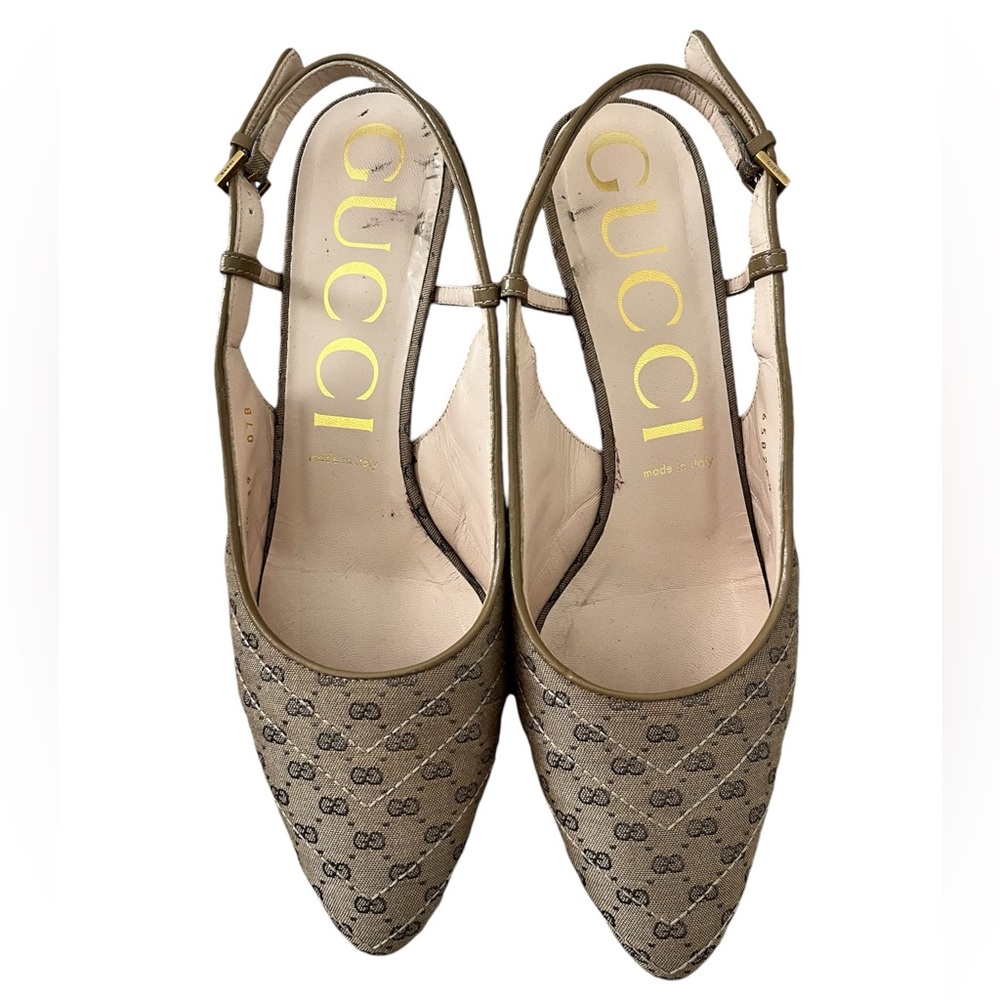 🌺 Gucci Womens Marmont Brown GG Canvas Leather Slingback Pump Kitten Heel Sz 39